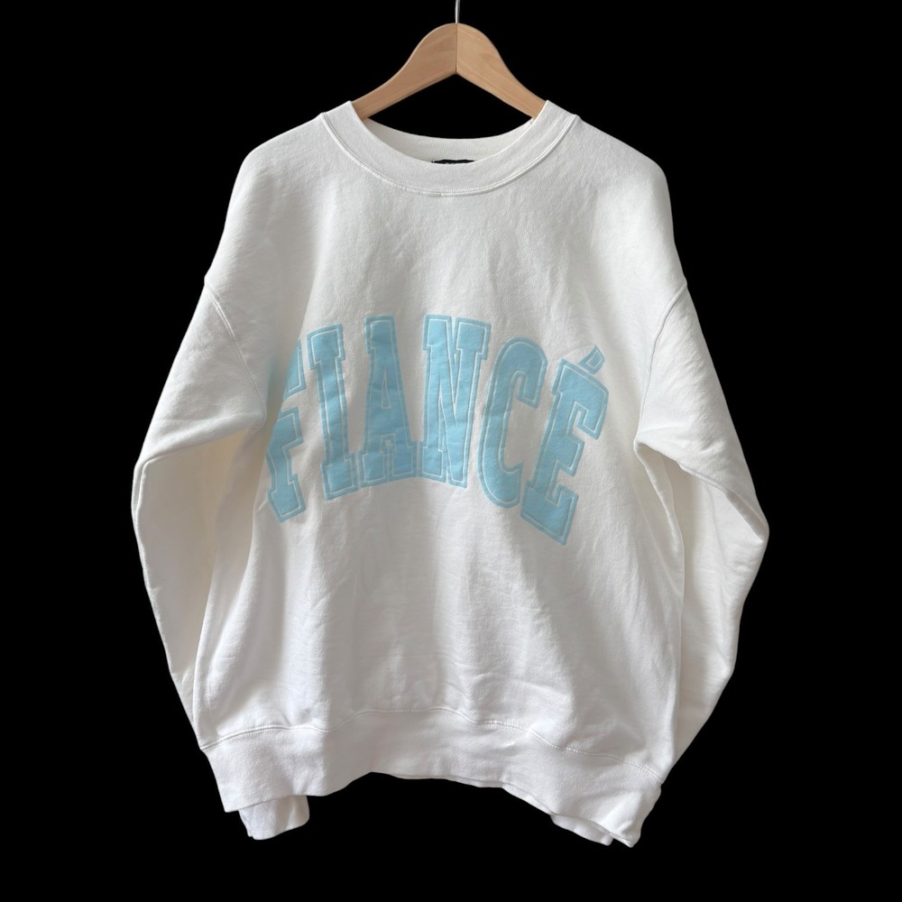 The Bar Fiance Sweatshirt White Blue Varsity Lettering Crewneck Medium Bride - Picture 2 of 4